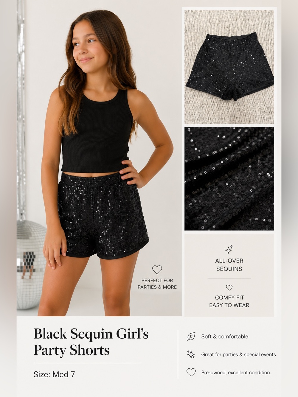 Black Sequin Girl’s Party Shorts